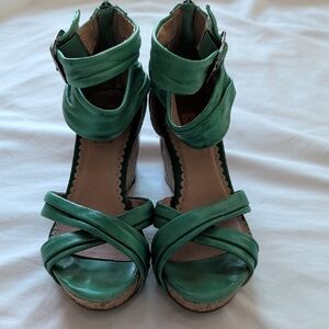 Miz Mooz Green Leather Wedge Sandals